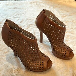 Michael Kors Brown Leather Lattice Peep-toe Booties/ Heels 8 Zipper Back
